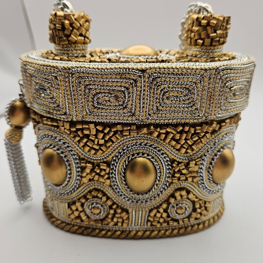 Vintage Mary Frances Gold Silver Beaded Minaudiere Evening Bag Handbag Purse - Picture 14 of 14